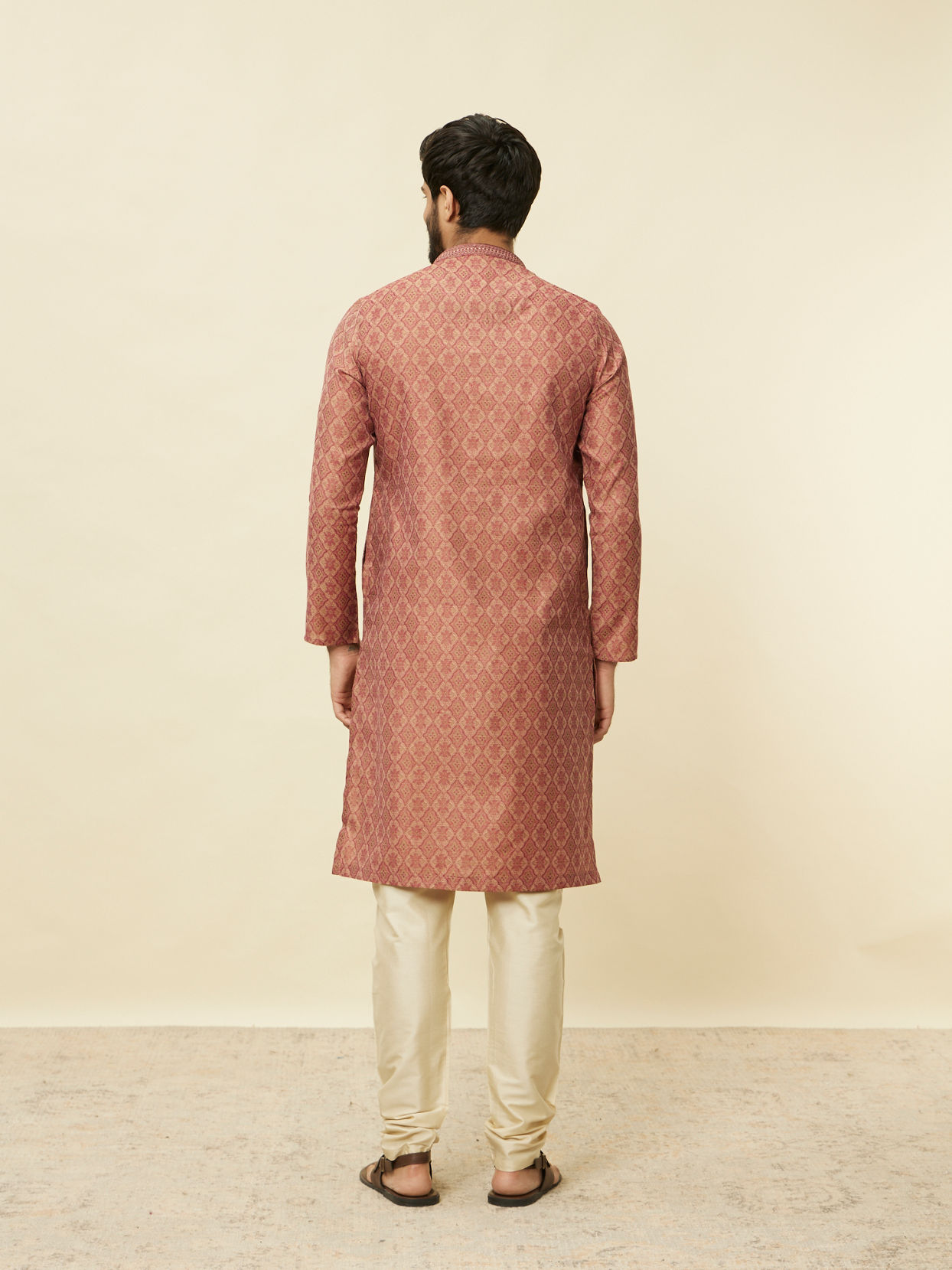 Manyavar Men Rust Red Trellis Patterned Kurta Set