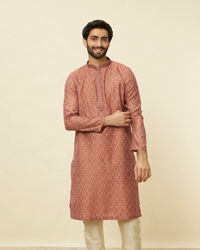 Manyavar Men Rust Red Trellis Patterned Kurta Set