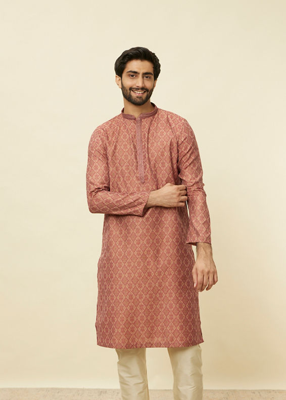 Manyavar Men Rust Red Trellis Patterned Kurta Set