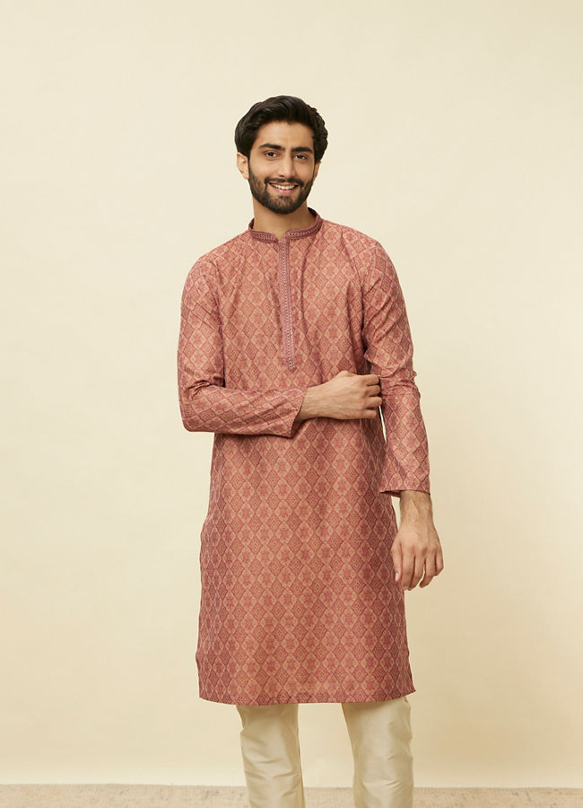 Manyavar Men Rust Red Trellis Patterned Kurta Set
