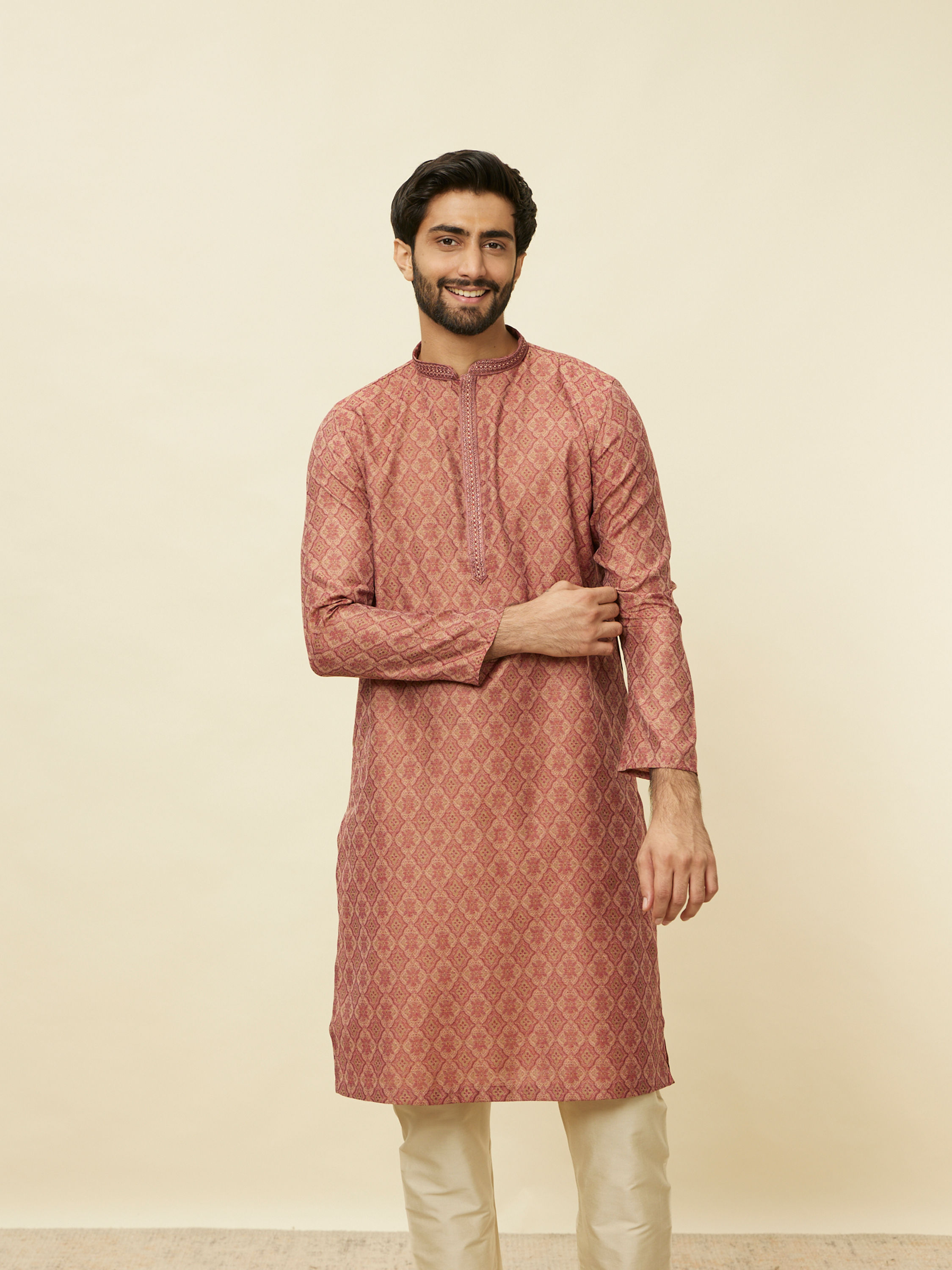 Manyavar Men Rust Red Trellis Patterned Kurta Set