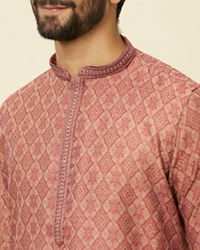 Manyavar Men Rust Red Trellis Patterned Kurta Set