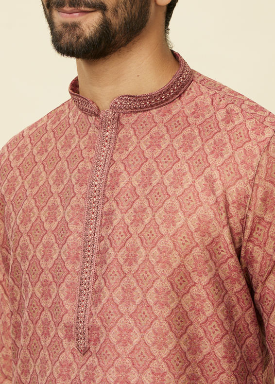 Manyavar Men Rust Red Trellis Patterned Kurta Set