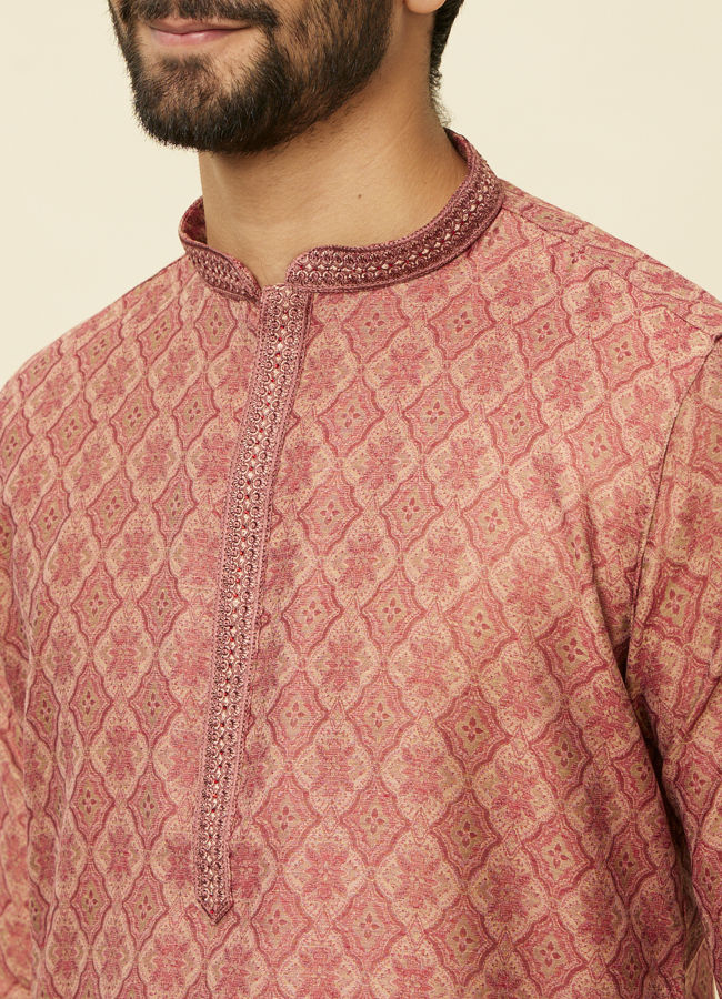 Manyavar Men Rust Red Trellis Patterned Kurta Set