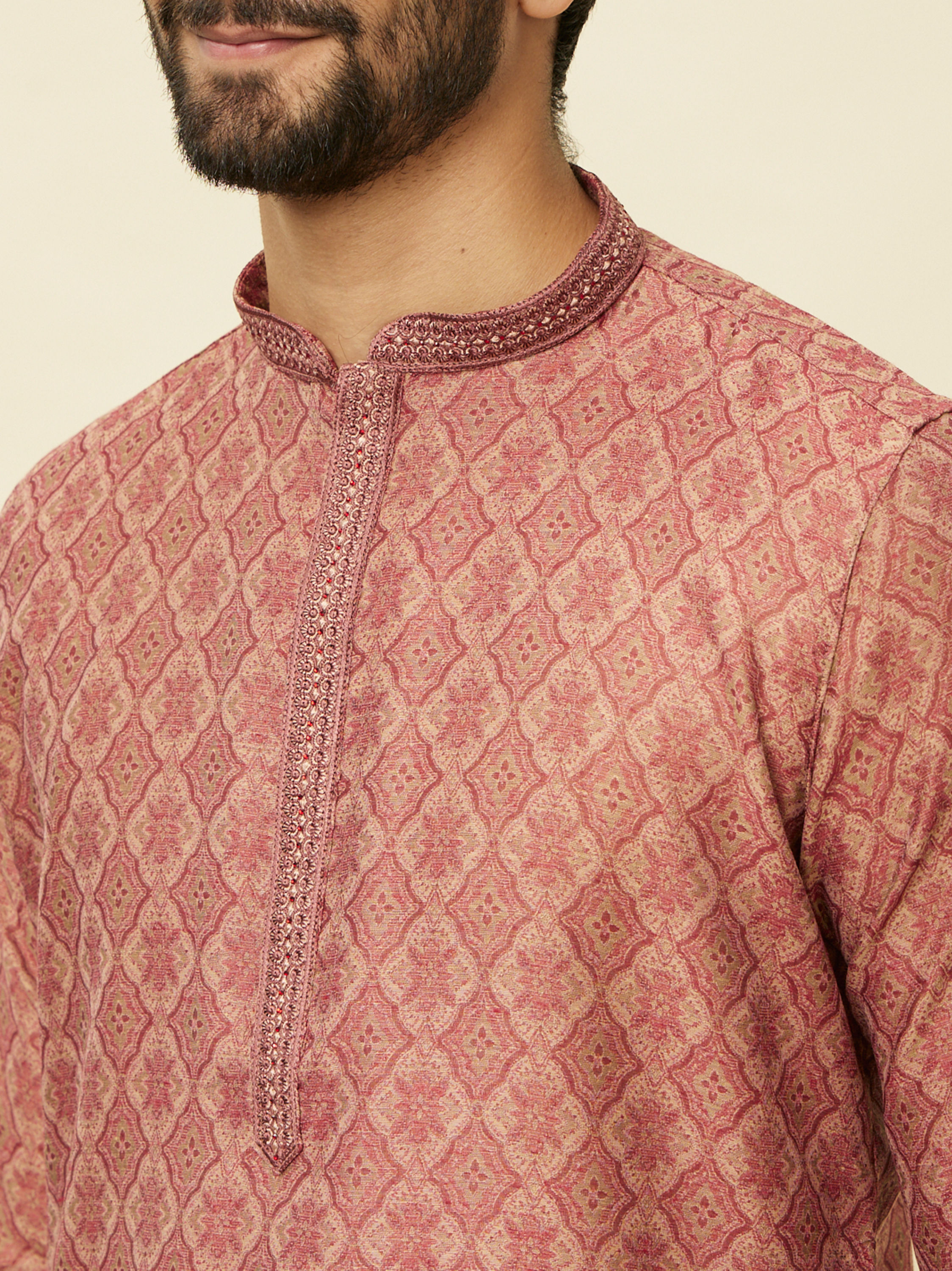 Manyavar Men Rust Red Trellis Patterned Kurta Set