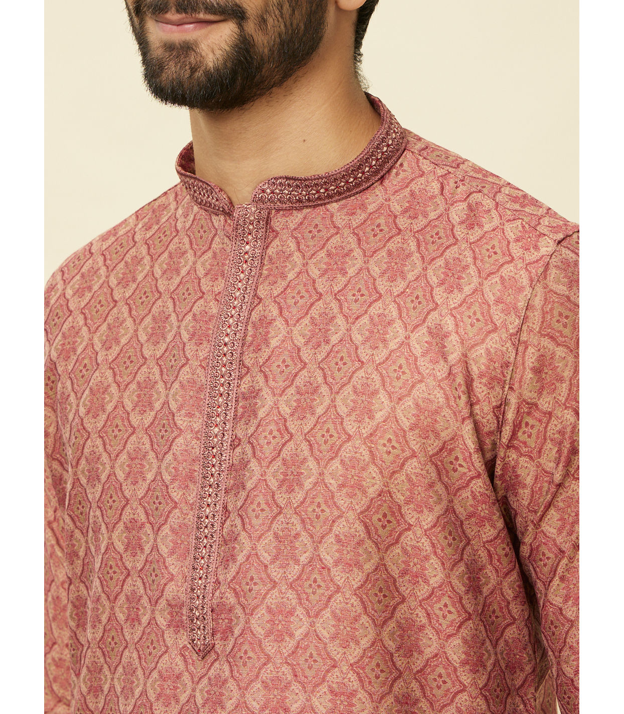 Manyavar Men Rust Red Trellis Patterned Kurta Set