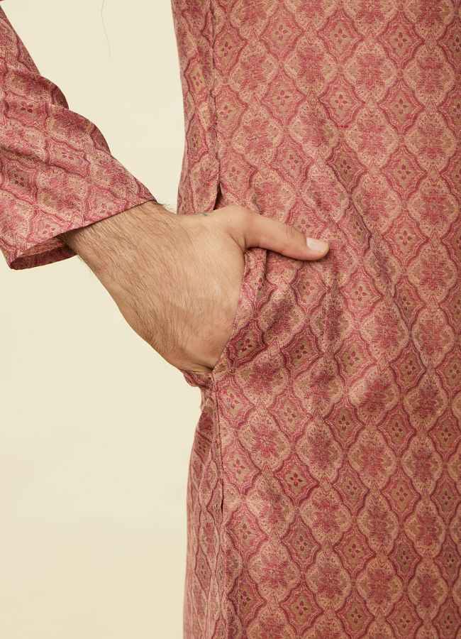 Manyavar Men Rust Red Trellis Patterned Kurta Set