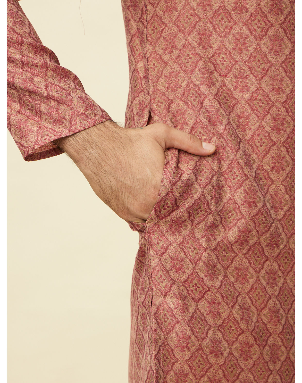 Manyavar Men Rust Red Trellis Patterned Kurta Set
