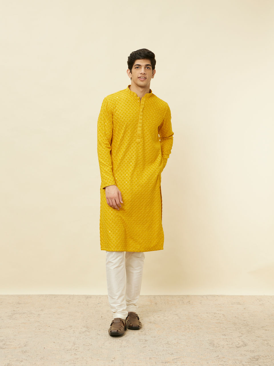 Manyavar Men Mustard Yellow Chikankari Kurta Set