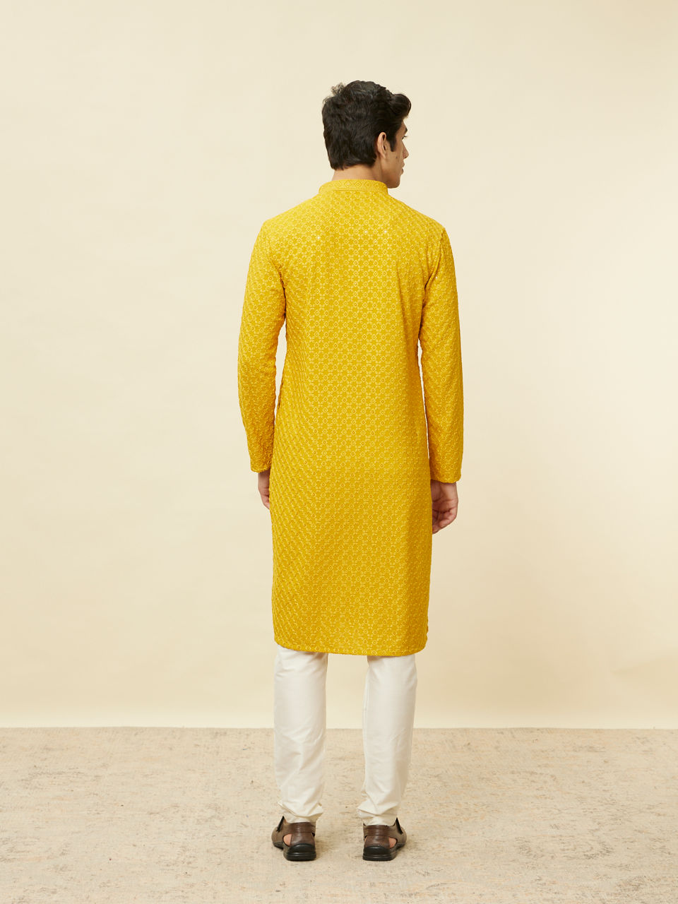 Manyavar Men Mustard Yellow Chikankari Kurta Set