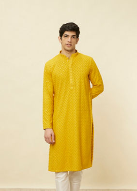 Manyavar Men Mustard Yellow Chikankari Kurta Set