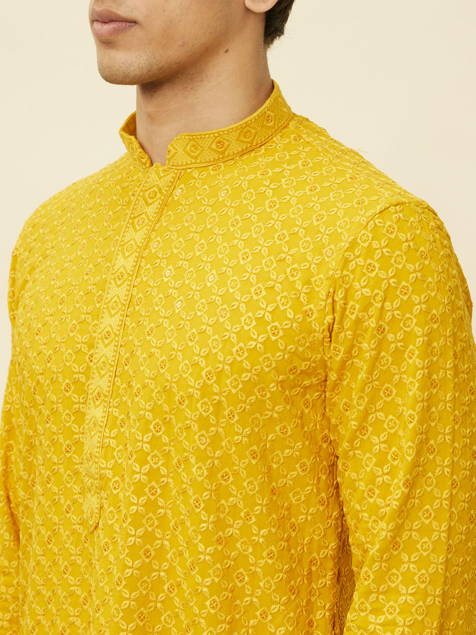 Manyavar Men Mustard Yellow Chikankari Kurta Set