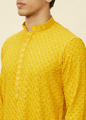 Manyavar Men Mustard Yellow Chikankari Kurta Set
