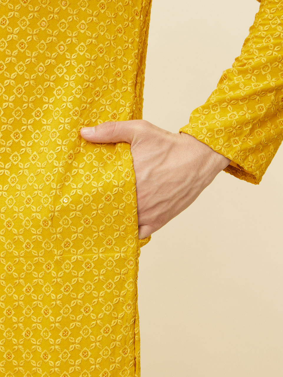 Manyavar Men Mustard Yellow Chikankari Kurta Set