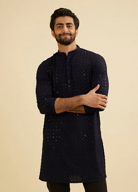 Manyavar Men Indigo Blue Jaal Embroidered Kurta Set with Sequin Work