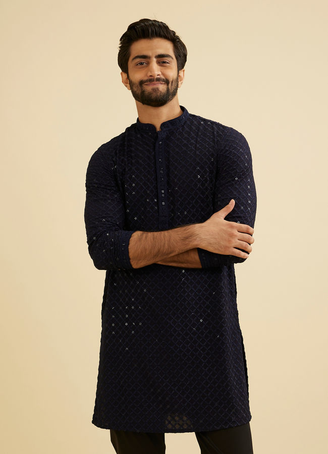 Manyavar Men Indigo Blue Jaal Embroidered Kurta Set with Sequin Work