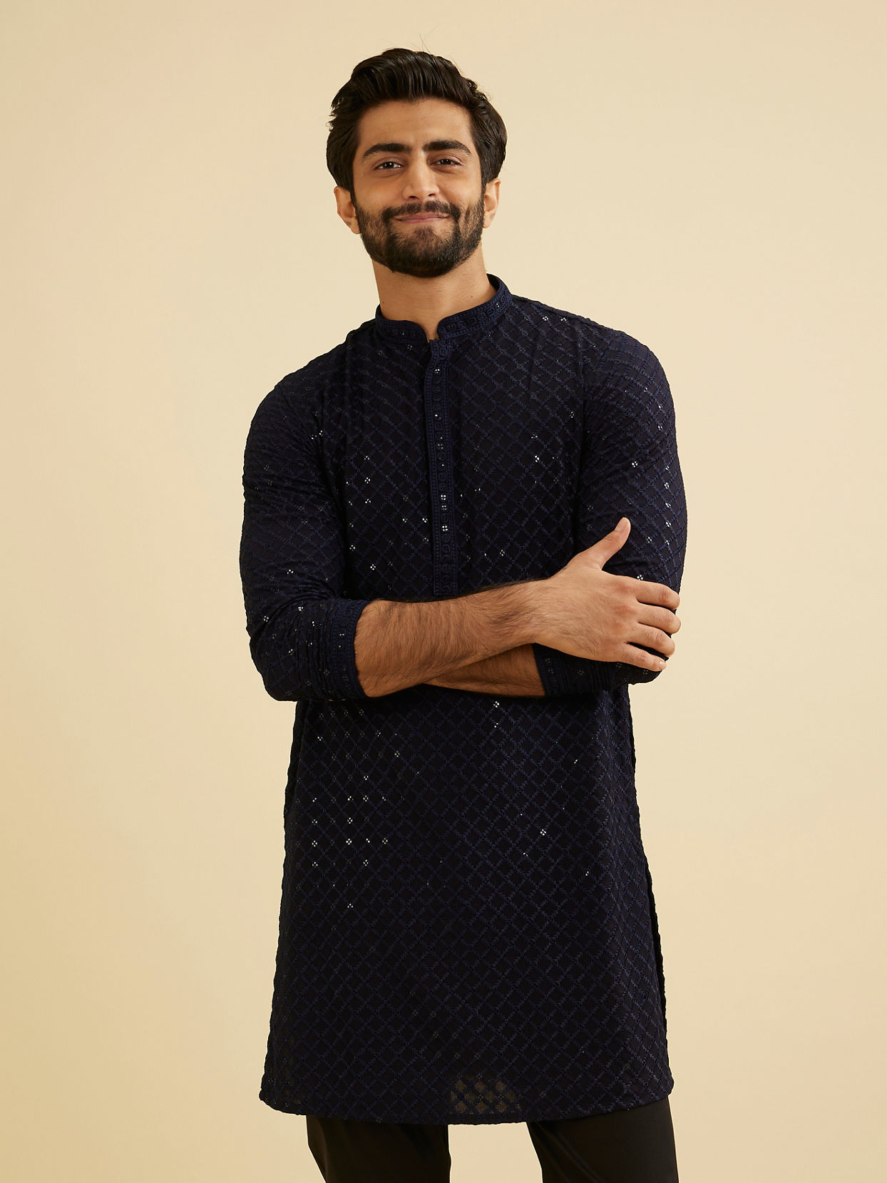 Manyavar Men Indigo Blue Jaal Embroidered Kurta Set with Sequin Work