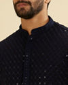 Manyavar Men Indigo Blue Jaal Embroidered Kurta Set with Sequin Work