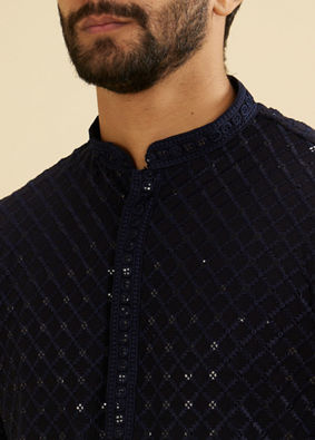 Manyavar Men Indigo Blue Jaal Embroidered Kurta Set with Sequin Work
