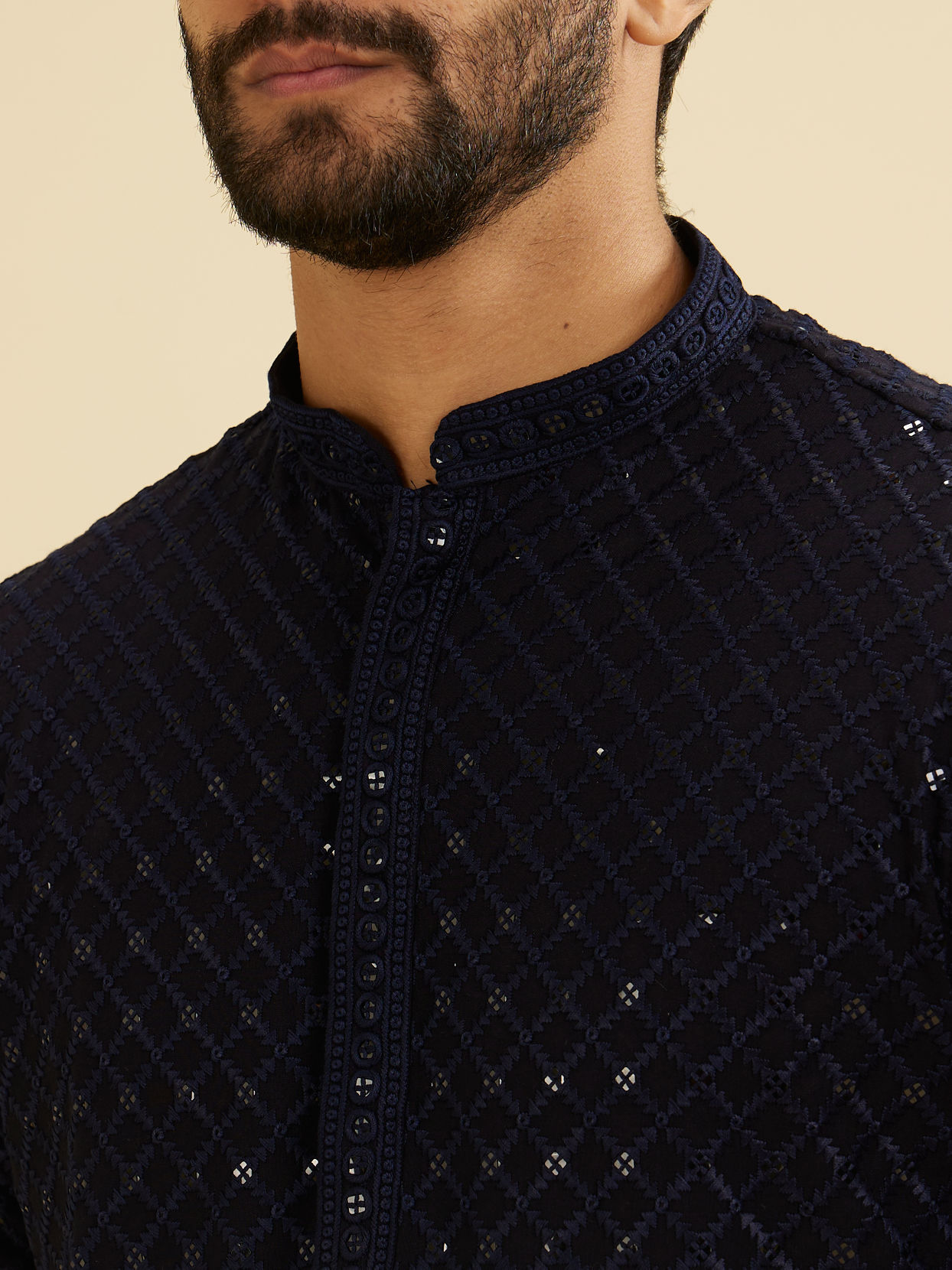Manyavar Men Indigo Blue Jaal Embroidered Kurta Set with Sequin Work
