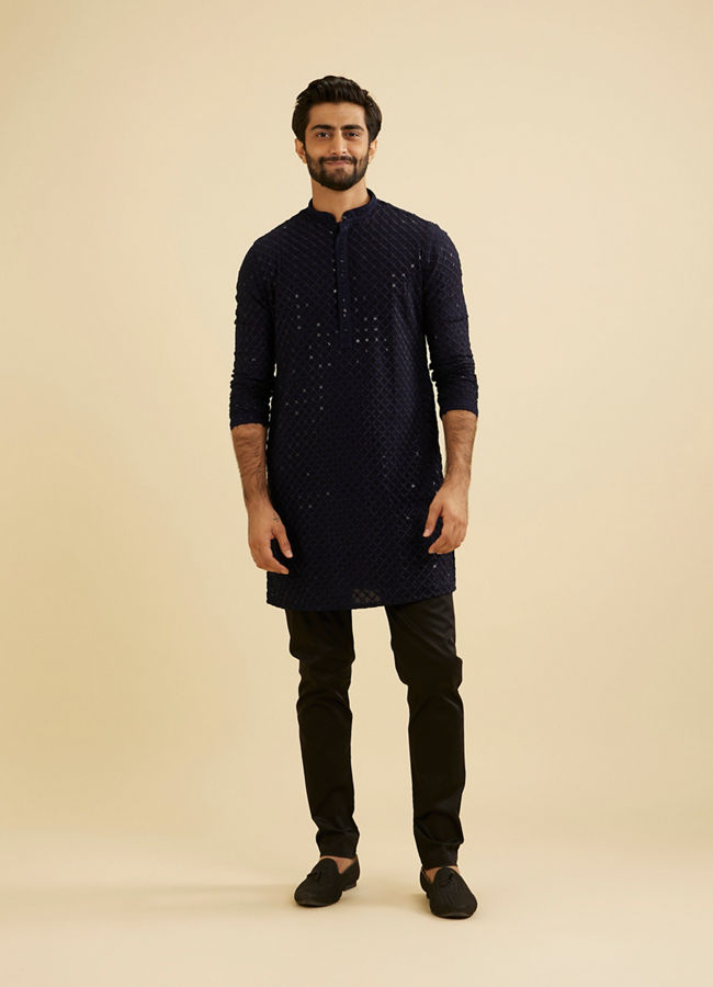 Manyavar Men Indigo Blue Jaal Embroidered Kurta Set with Sequin Work