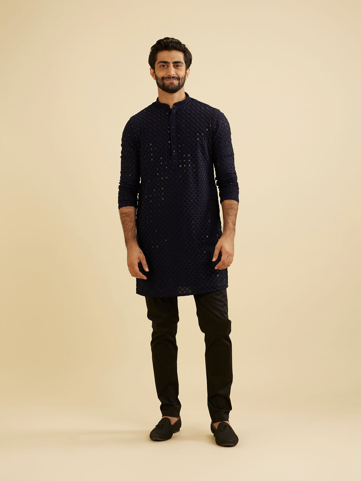 Manyavar Men Indigo Blue Jaal Embroidered Kurta Set with Sequin Work