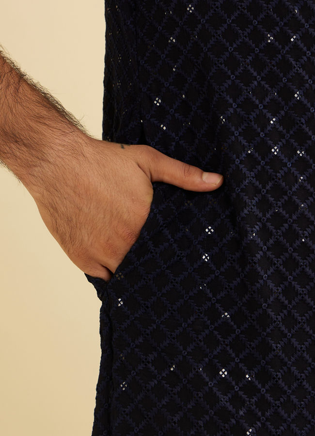 Manyavar Men Indigo Blue Jaal Embroidered Kurta Set with Sequin Work