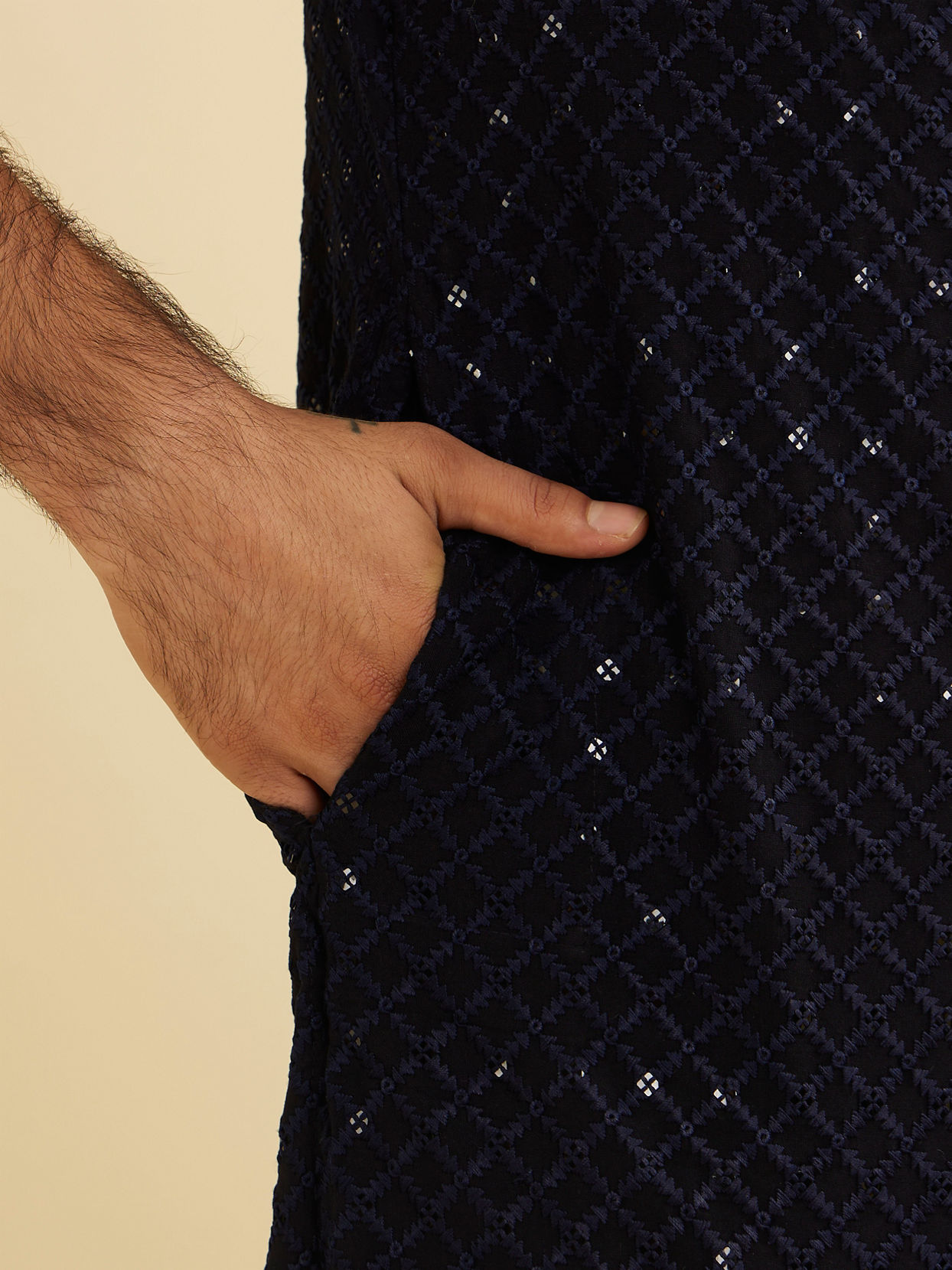 Manyavar Men Indigo Blue Jaal Embroidered Kurta Set with Sequin Work