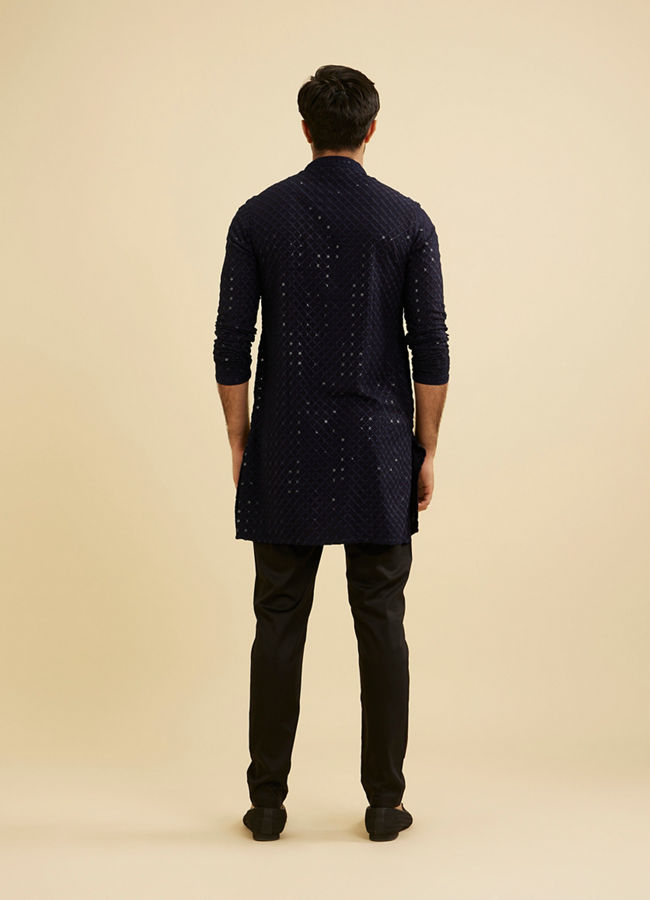 Manyavar Men Indigo Blue Jaal Embroidered Kurta Set with Sequin Work