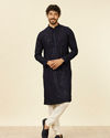 Manyavar Men Dark Blue Grid Patterned Chikankari Kurta Set