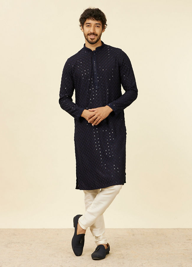 Manyavar Men Dark Blue Grid Patterned Chikankari Kurta Set
