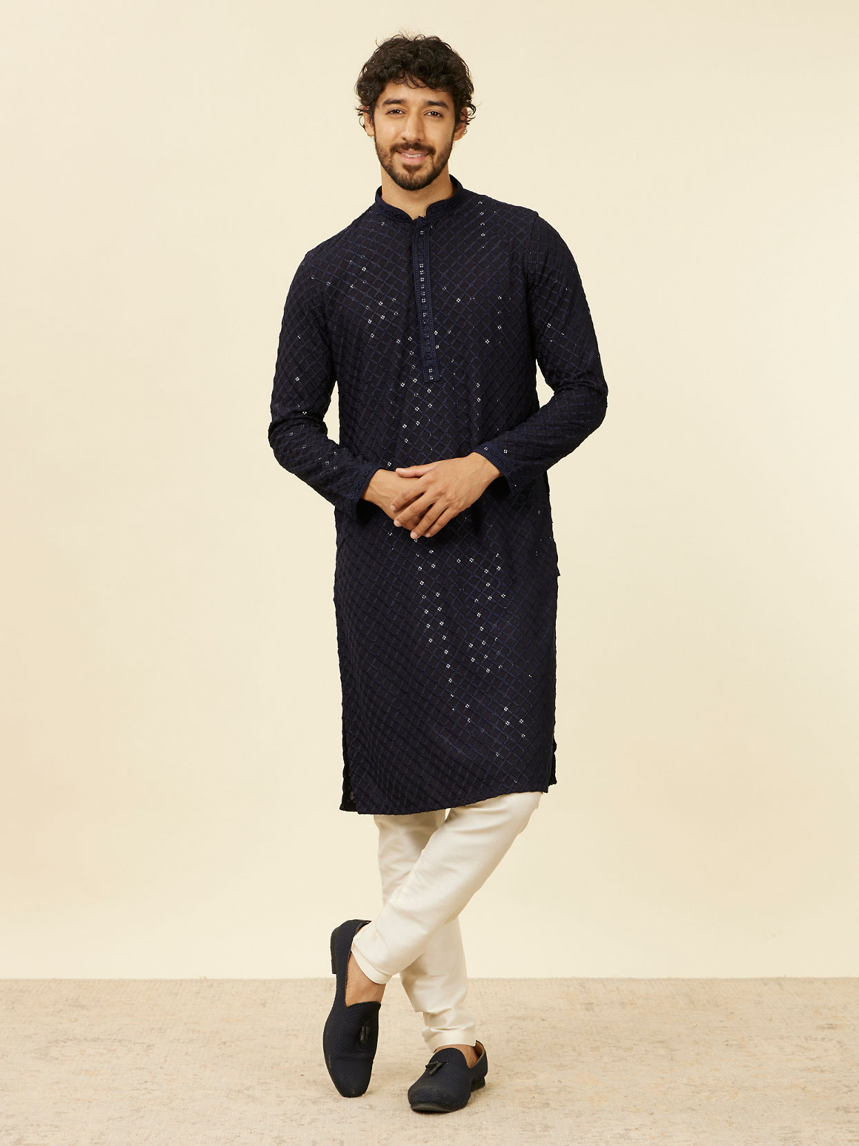 Manyavar Men Dark Blue Grid Patterned Chikankari Kurta Set