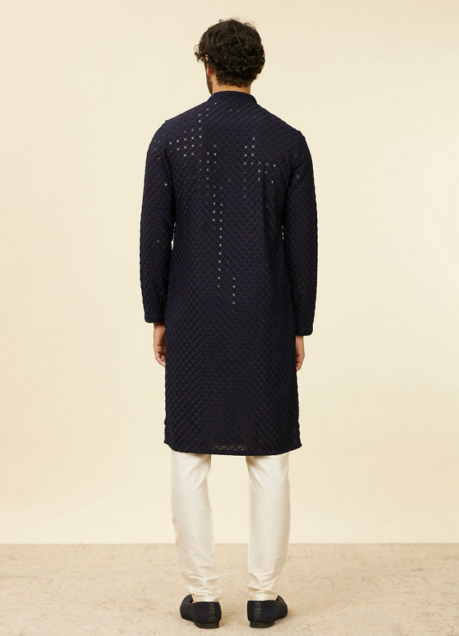 Manyavar Men Dark Blue Grid Patterned Chikankari Kurta Set