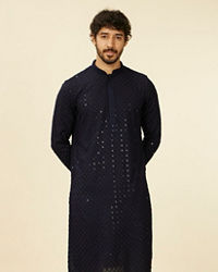 Manyavar Men Dark Blue Grid Patterned Chikankari Kurta Set