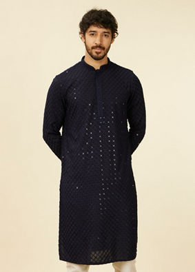 Manyavar Men Dark Blue Grid Patterned Chikankari Kurta Set image number 0