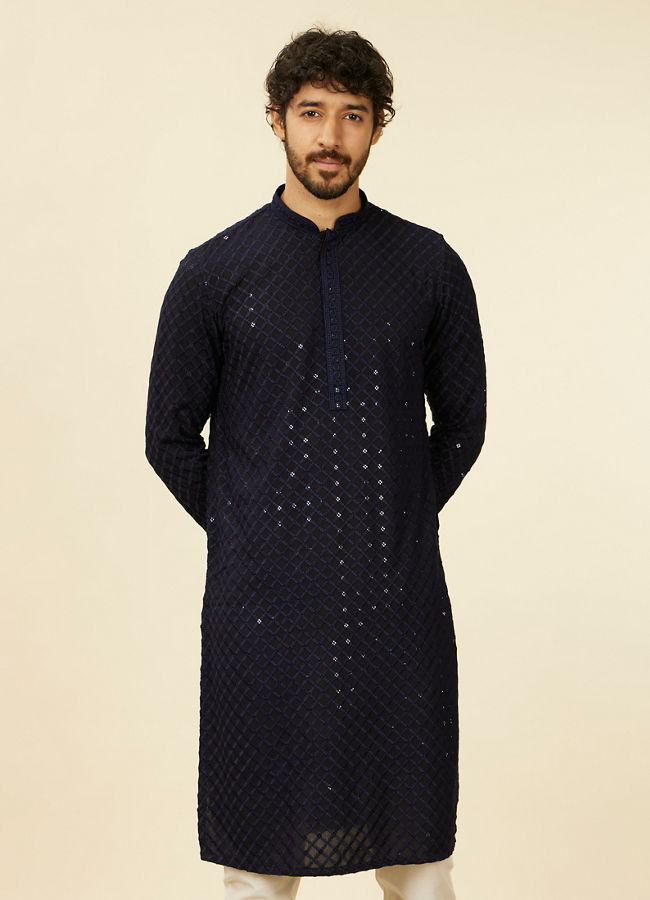 Manyavar Men Dark Blue Grid Patterned Chikankari Kurta Set