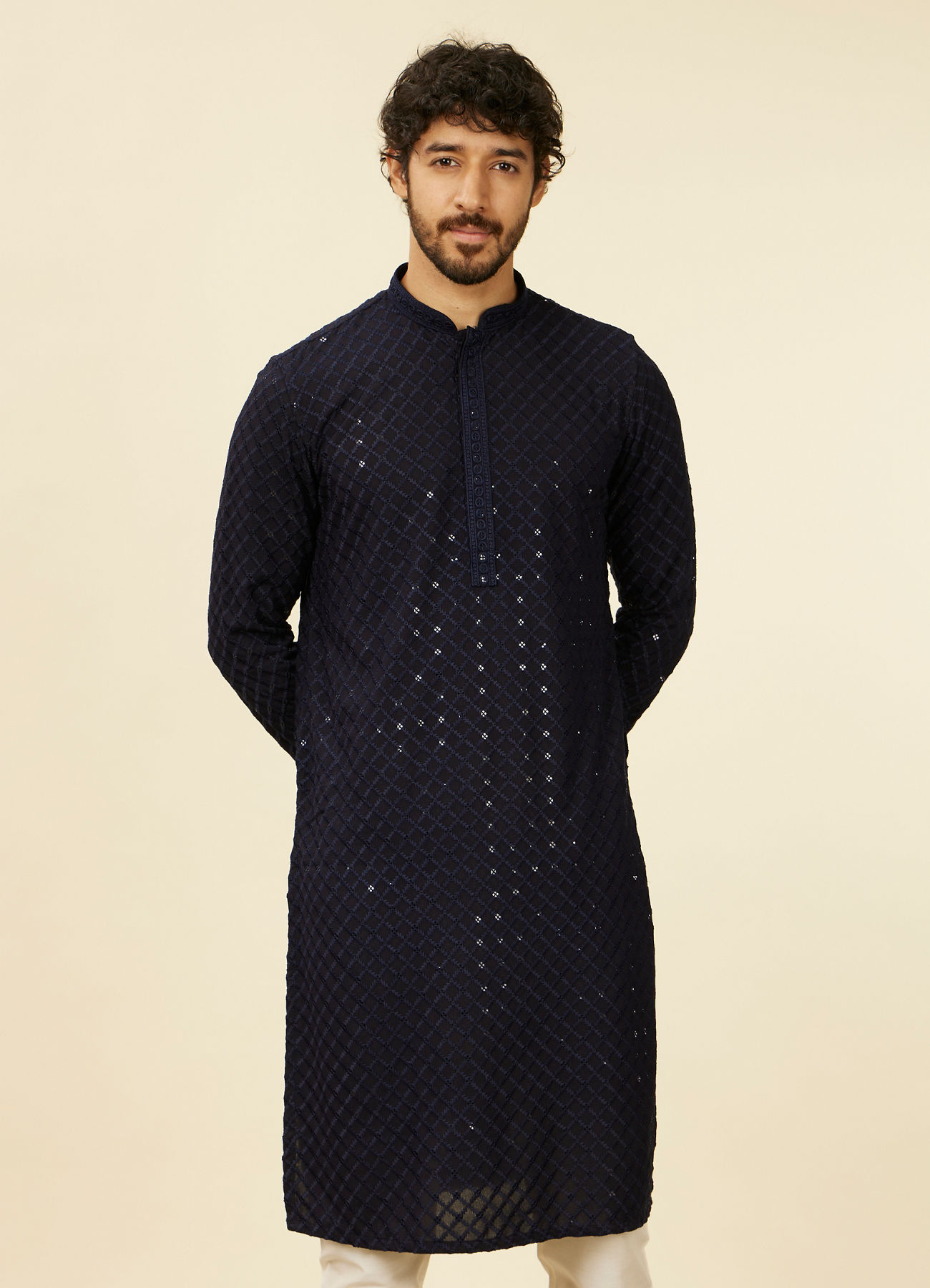 Manyavar Men Dark Blue Grid Patterned Chikankari Kurta Set