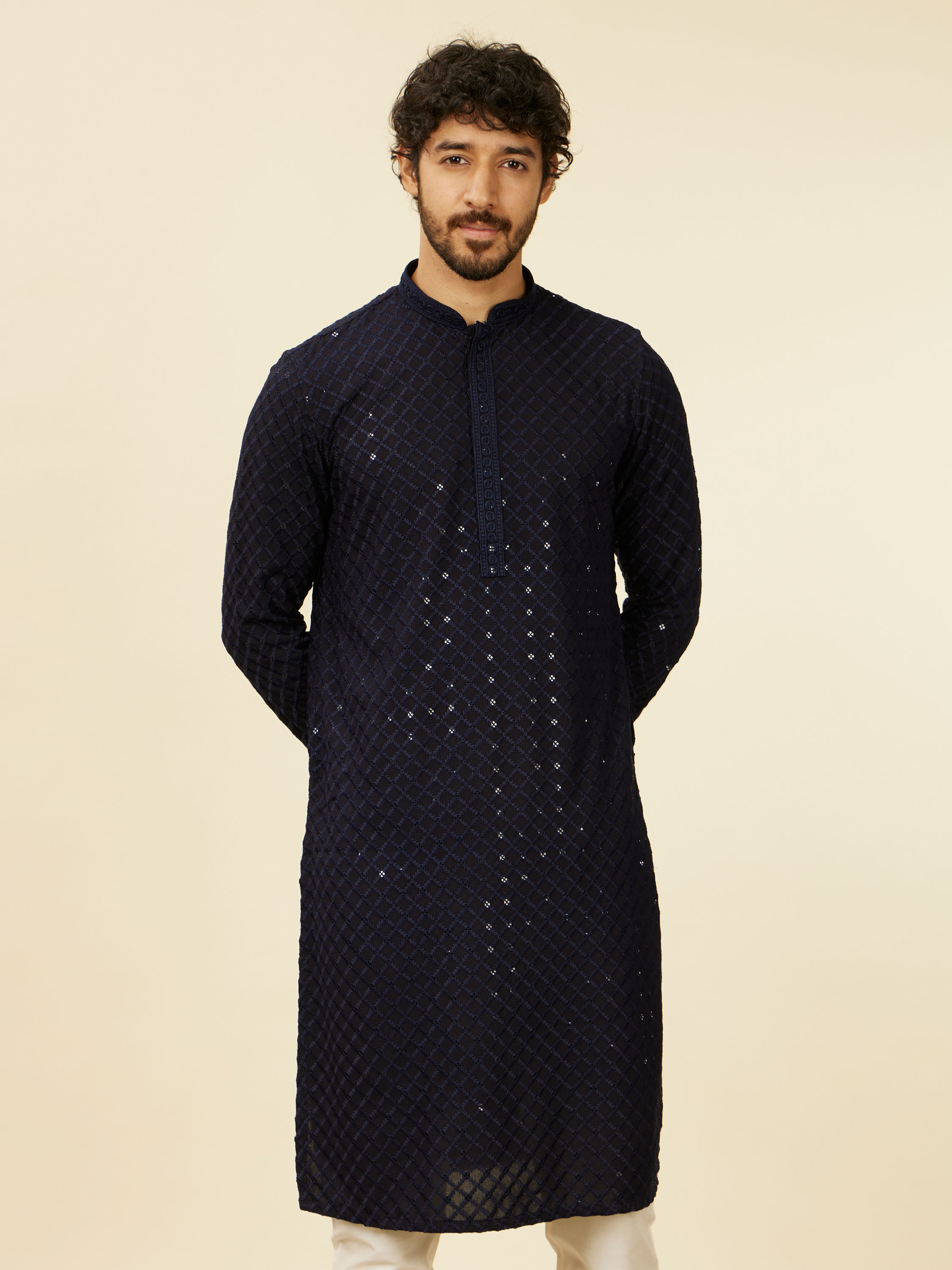 Manyavar Men Dark Blue Grid Patterned Chikankari Kurta Set