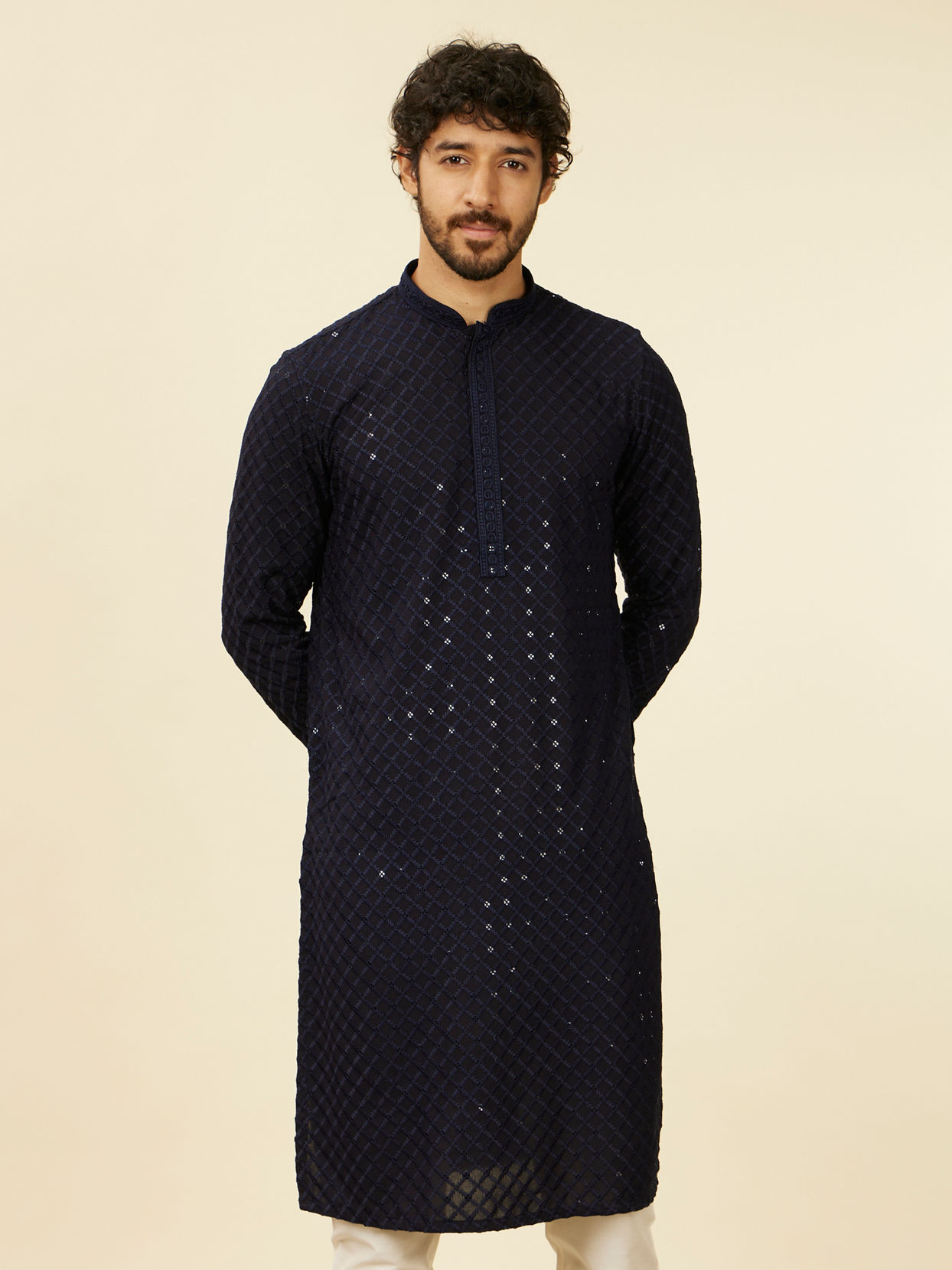 Manyavar Men Dark Blue Grid Patterned Chikankari Kurta Set image number 0