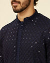 Manyavar Men Dark Blue Grid Patterned Chikankari Kurta Set image number 1