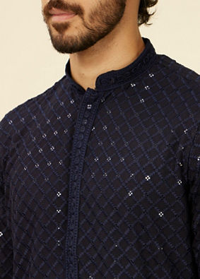 Manyavar Men Dark Blue Grid Patterned Chikankari Kurta Set image number 1