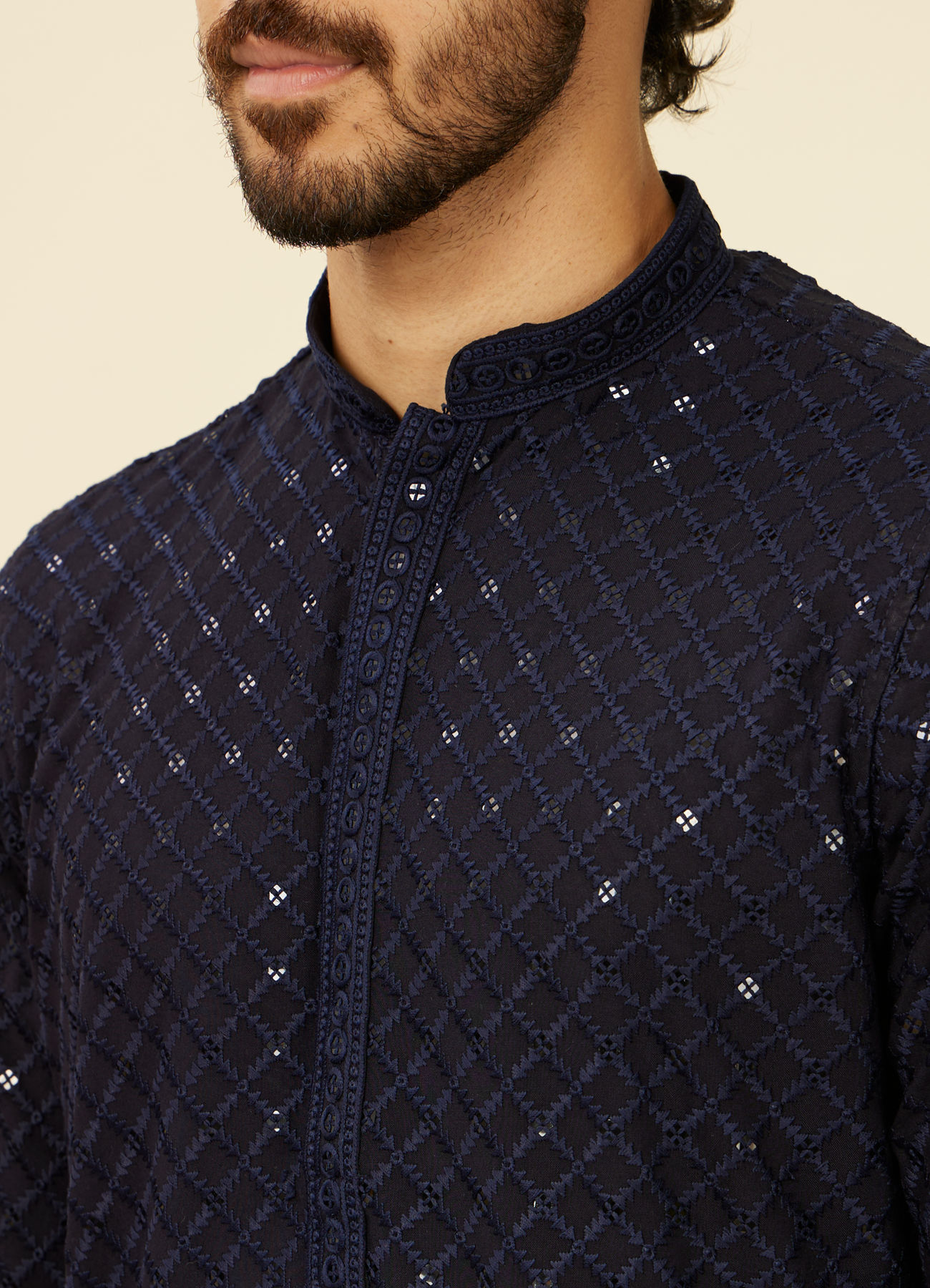 Manyavar Men Dark Blue Grid Patterned Chikankari Kurta Set