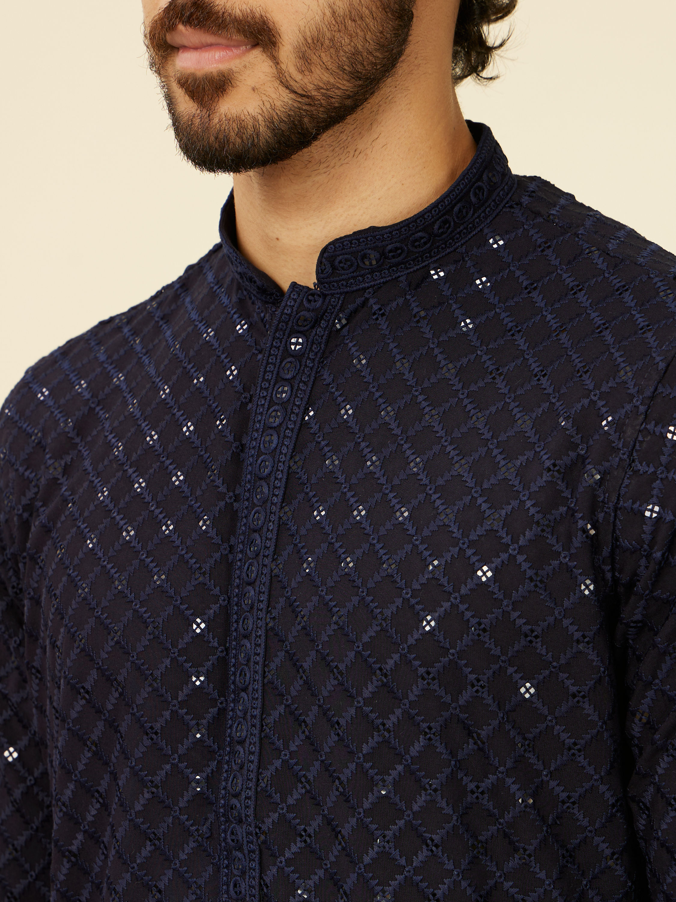 Manyavar Men Dark Blue Grid Patterned Chikankari Kurta Set