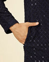 Manyavar Men Dark Blue Grid Patterned Chikankari Kurta Set