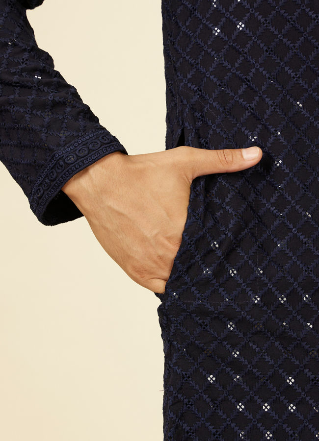 Manyavar Men Dark Blue Grid Patterned Chikankari Kurta Set
