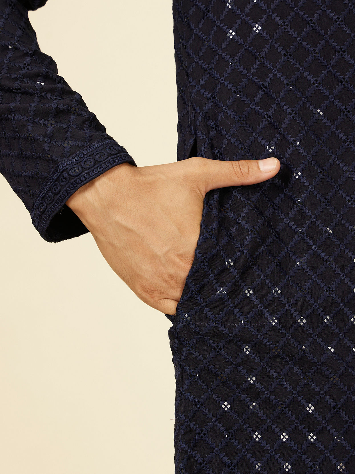Manyavar Men Dark Blue Grid Patterned Chikankari Kurta Set