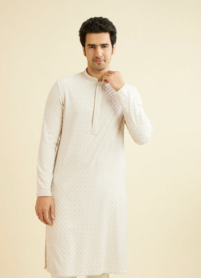 Manyavar Men Smoke Grey Grid Patterned Chikankari Kurta Set with Sequin Work image number 0