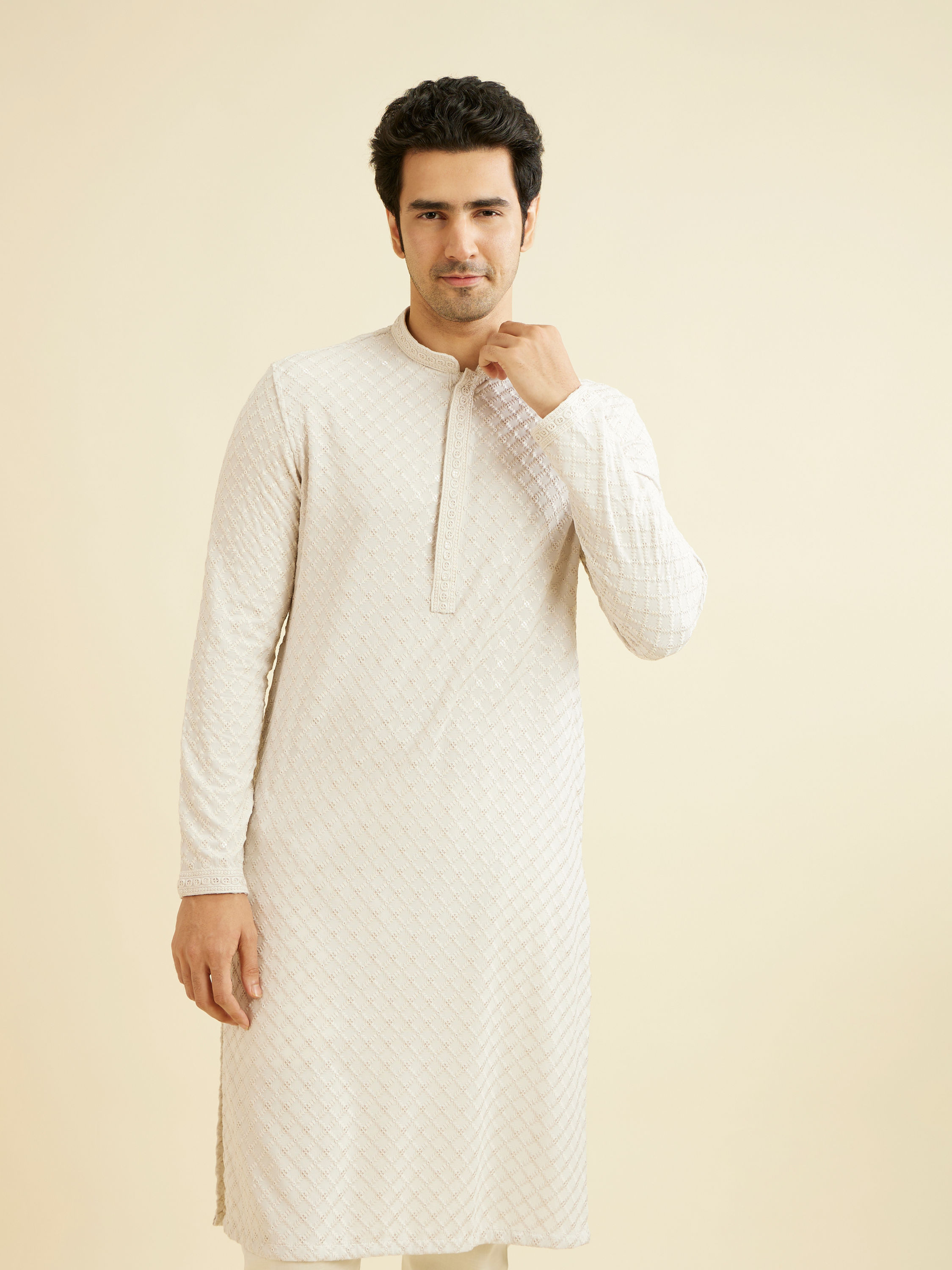 Manyavar Men Smoke Grey Grid Patterned Chikankari Kurta Set with Sequin Work