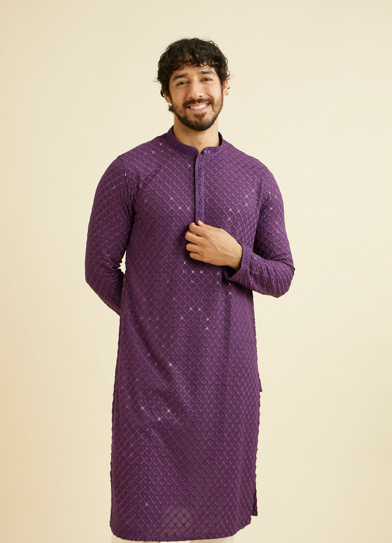 Manyavar Men Royal Purple Grid Patterned Chikankari Kurta Set with Sequin Work