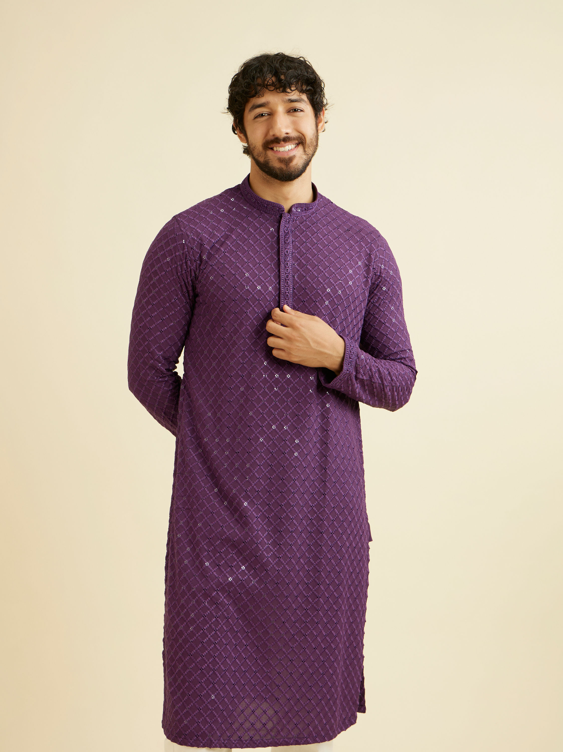 Manyavar Men Royal Purple Grid Patterned Chikankari Kurta Set with Sequin Work